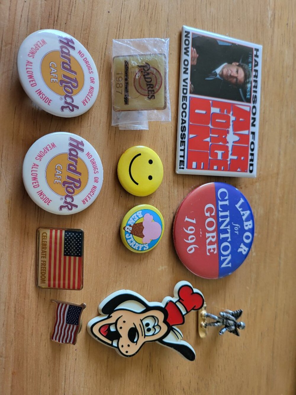 Vintage 1990s Pin Pinback LOT of 11 Smiley Face and Ben & Jerry's Hard Rock T1